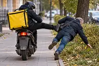 В Перми курьер на мопеде пнул пешехода в спину на тротуаре — видео